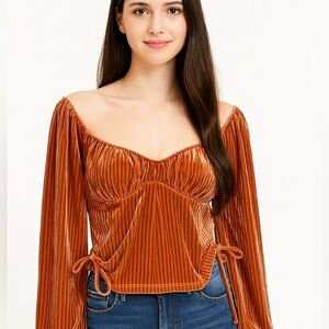 SOPHIE RUE Top Velvet Cropped With Side Ties Rose Gold Long Sleeve Womens SZ L